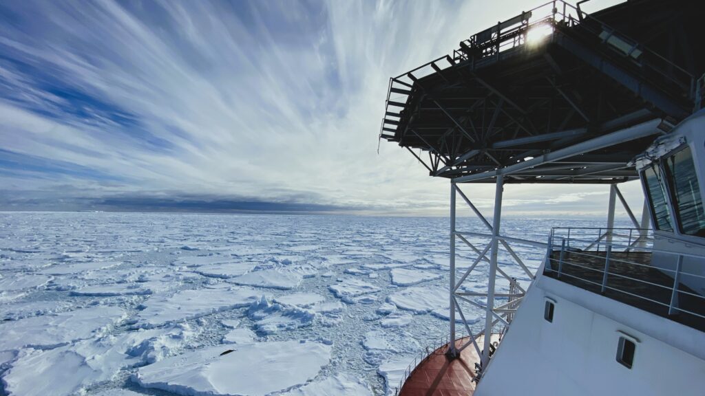 View from an ice-class vessel over an open field of broken pack ice during ice reconnaissance