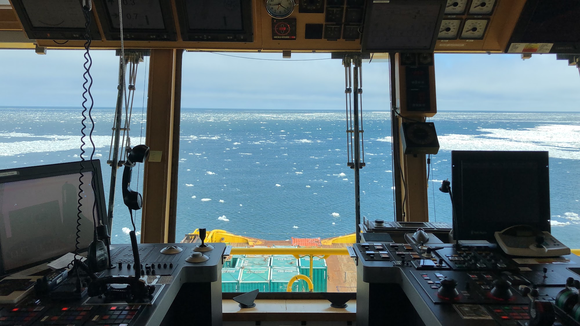 View from the ship's bridge over ice-covered sea